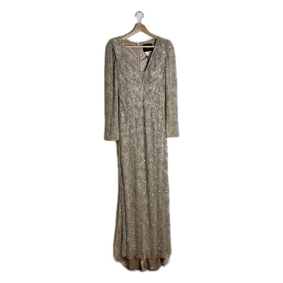 Mac duggal long sleeve sequin beaded sheath gown in mocha style 5177 size 6 - Picture 3 of 16